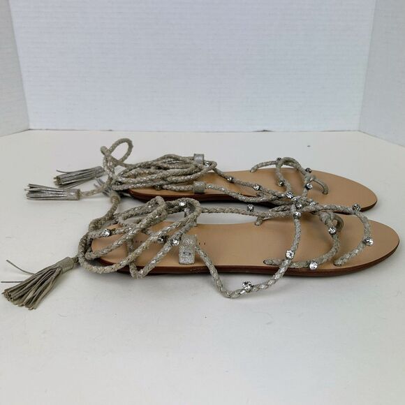 LOEFFLER RANDALL Bo Crystal Embellished Braided Ankle Tie Sandals Metallic Sz 8 - Picture 5 of 14